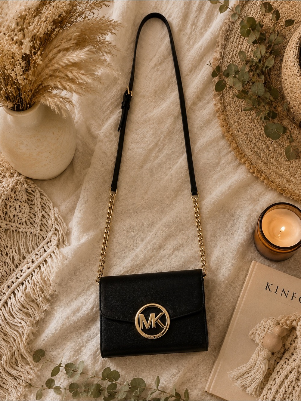 Michael Kors Black Leather Crossbody with Gold MK Emblem